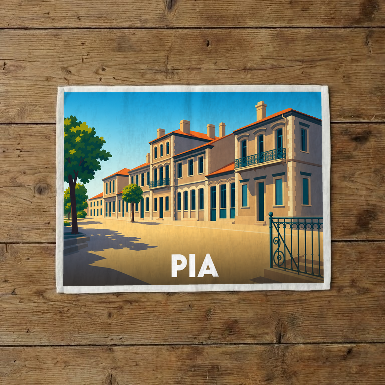 Torchon souvenir de la ville de Pia avec une illustration stylisée de bâtiments traditionnels.