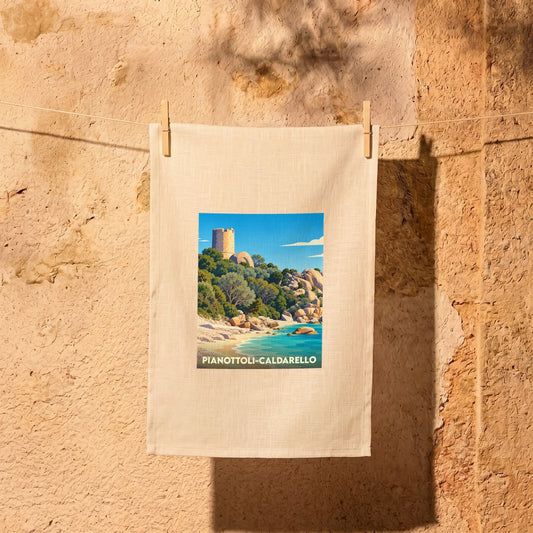 Torchon souvenir de la ville de Pianottoli-Caldarello avec une illustration stylisée.