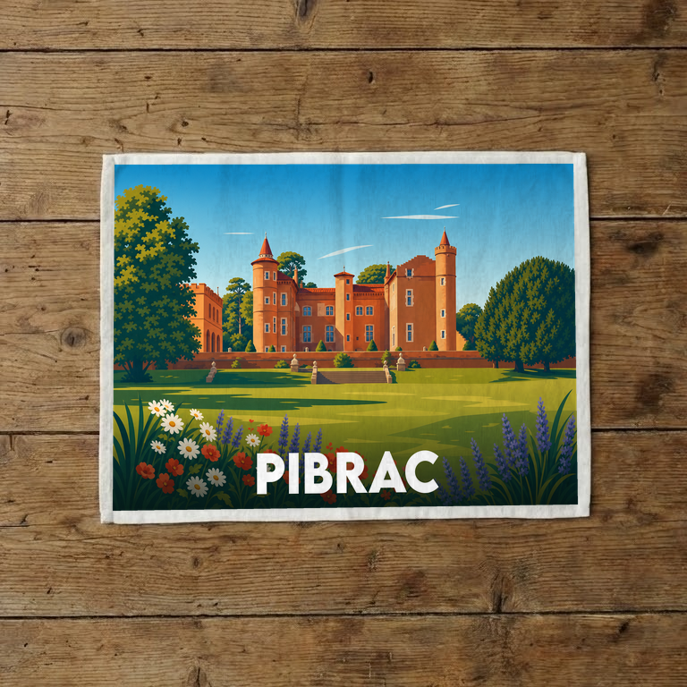 Torchon souvenir de la ville de Pibrac orné d'une illustration stylisée de son château et de son parc.