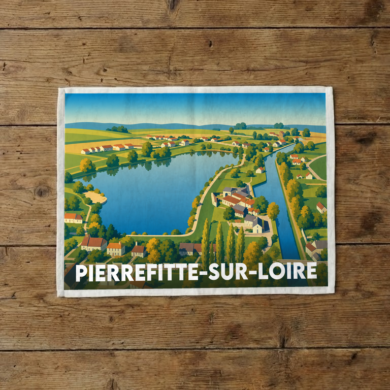 Torchon souvenir de la ville de Pierrefitte-sur-Loire avec une illustration stylisée de ses paysages.