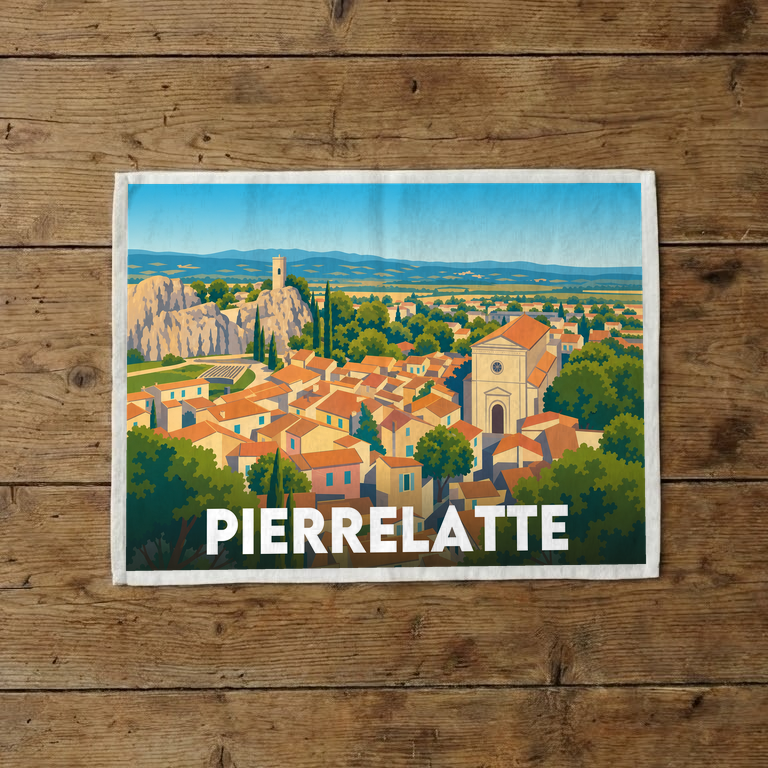Torchon souvenir de la ville de Pierrelatte présentant une illustration stylisée et colorée de son paysage.