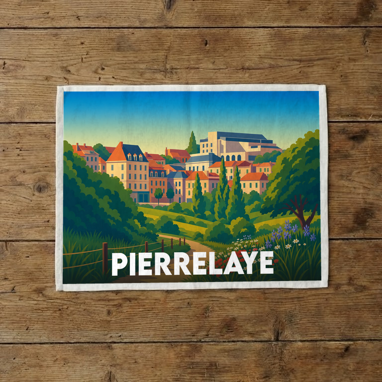 Torchon souvenir de la ville de Pierrelaye avec une illustration colorée et stylisée de son paysage urbain.