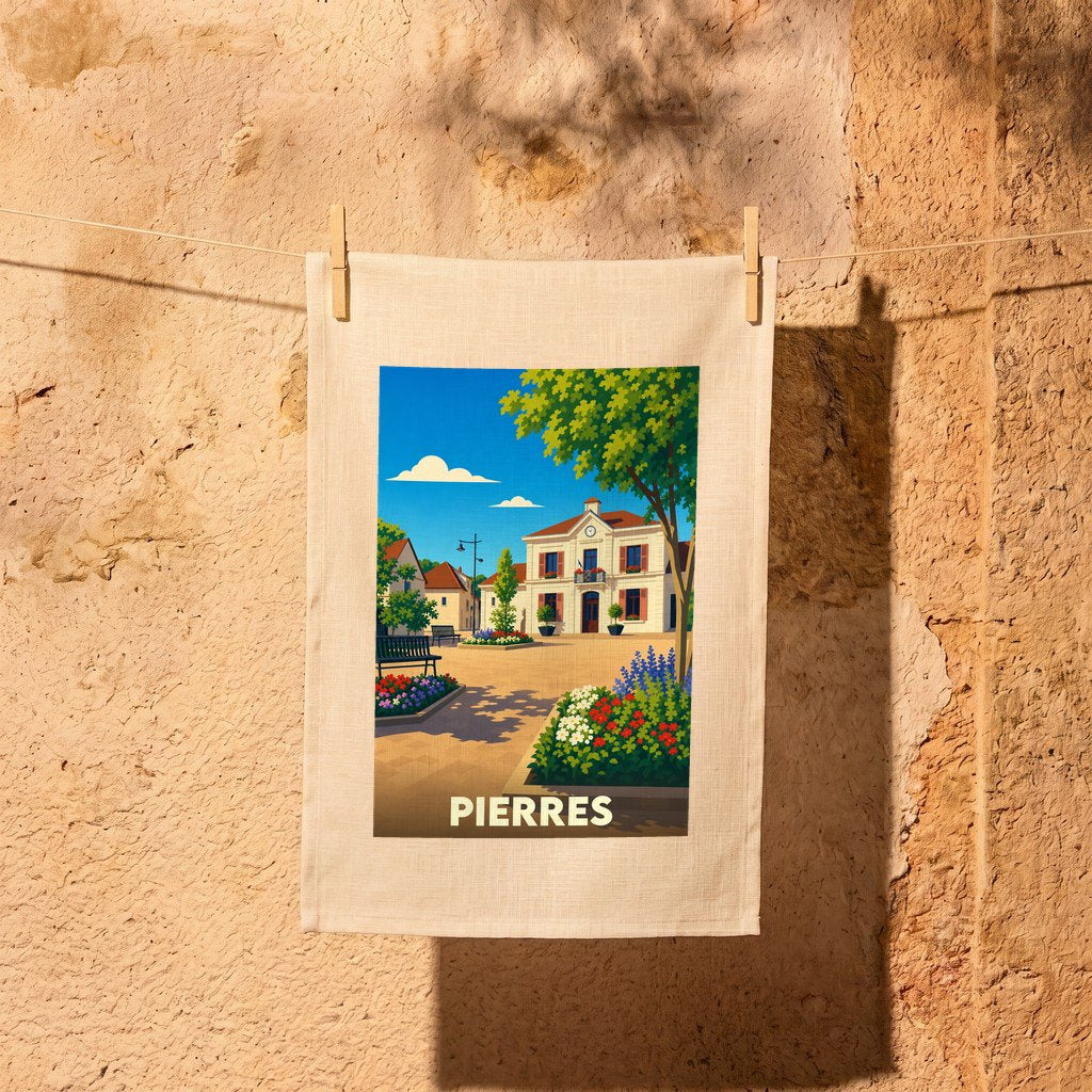 Torchon souvenir de la ville de Pierres avec une illustration stylisée d'une place ensoleillée.