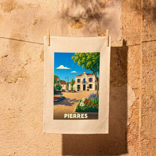 Torchon souvenir de la ville de Pierres avec une illustration stylisée d'une place ensoleillée.