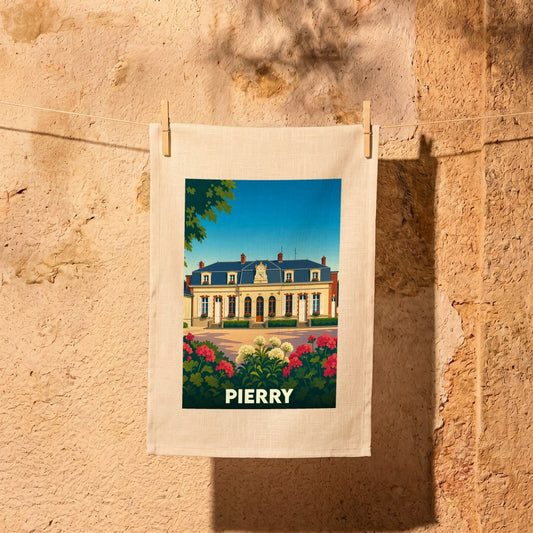 Torchon souvenir de la ville de Pierry orné d'une illustration stylisée de son patrimoine architectural et floral.