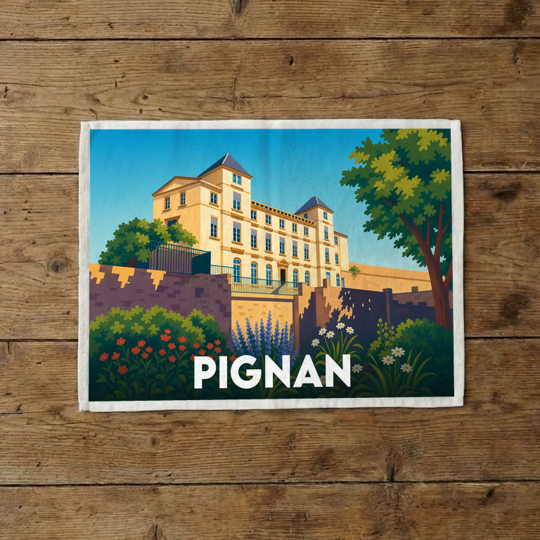 Torchon souvenir de la ville de Pignan illustré d'un château majestueux et de jardins fleuris.