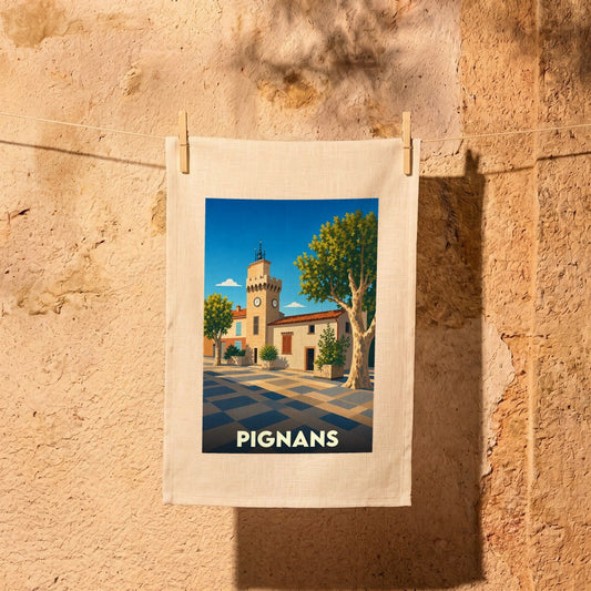 Torchon souvenir de la ville de Pignans avec une illustration stylisée.
