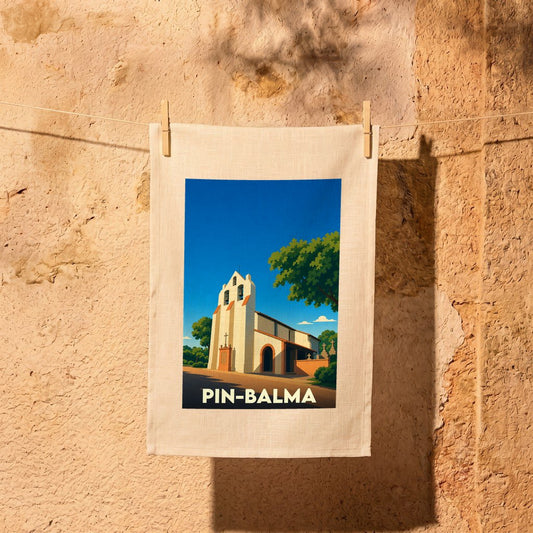 Torchon souvenir de la ville de Pin-Balma avec une illustration stylisée de son église.