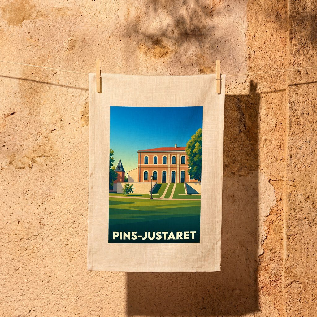 Torchon souvenir de la ville de Pins-Justaret avec une illustration stylisée d'un bâtiment remarquable.