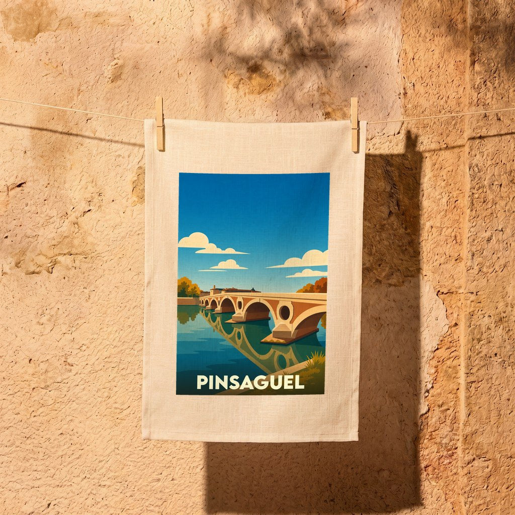 Torchon souvenir de la ville de Pinsaguel avec une illustration stylisée de son pont.