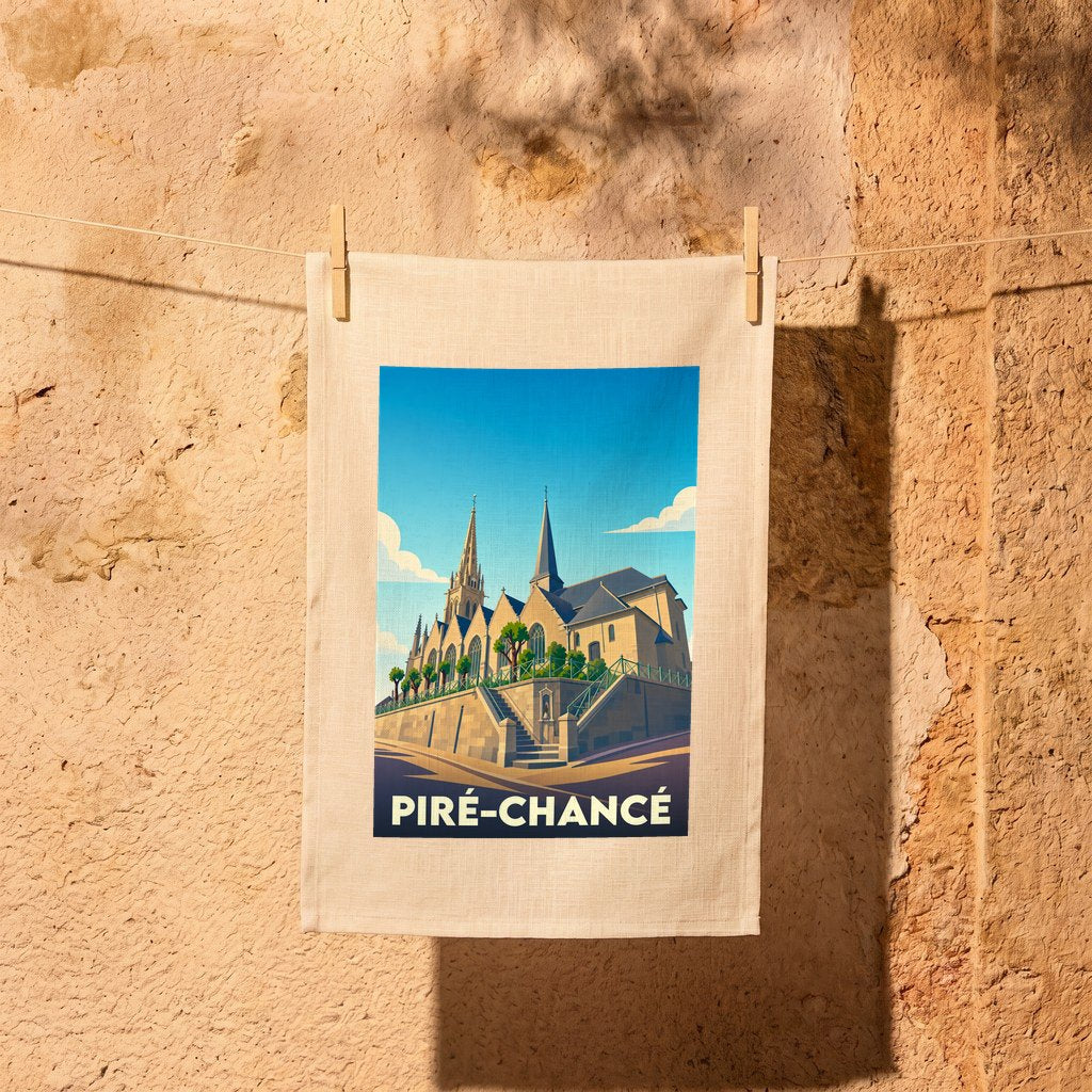 Torchon souvenir de la ville de Piré-Chancé avec une illustration stylisée d'une église sur fond bleu.