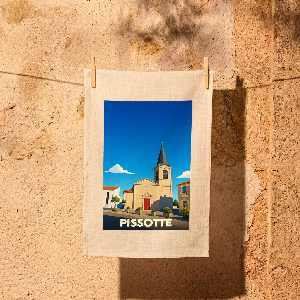 Torchon souvenir de la ville de Pissotte avec une illustration stylisée de son église sous un ciel bleu.