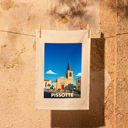 Torchon souvenir de la ville de Pissotte avec une illustration stylisée de son église sous un ciel bleu.