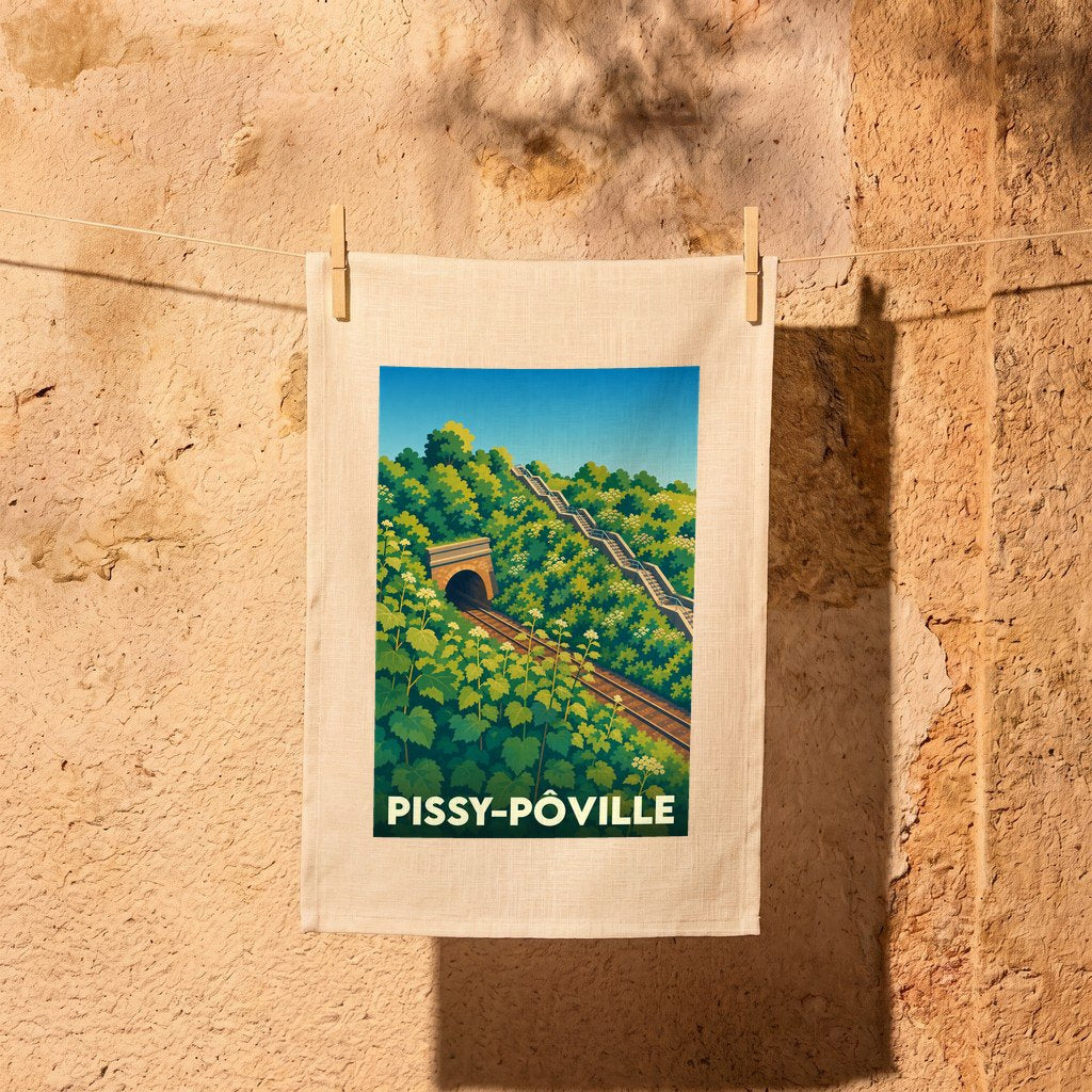 Torchon souvenir de la ville de Pissy-Pôville avec une illustration stylisée d'un paysage ferroviaire verdoyant.