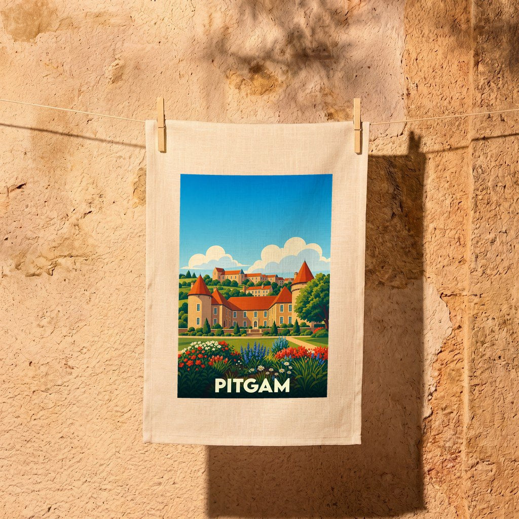 Torchon souvenir de la ville de Pitgam avec une illustration stylisée d'un château et de jardins fleuris.