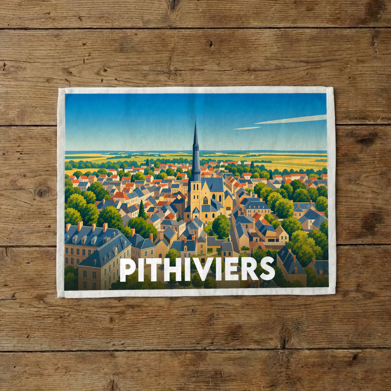 Torchon souvenir de la ville de Pithiviers avec une illustration stylisée d'un panorama urbain.