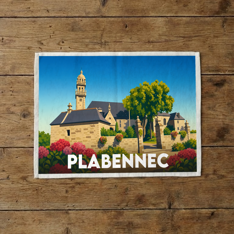 Torchon souvenir de la ville de Plabennec illustré d'un paysage stylisé de son église et de fleurs colorées.