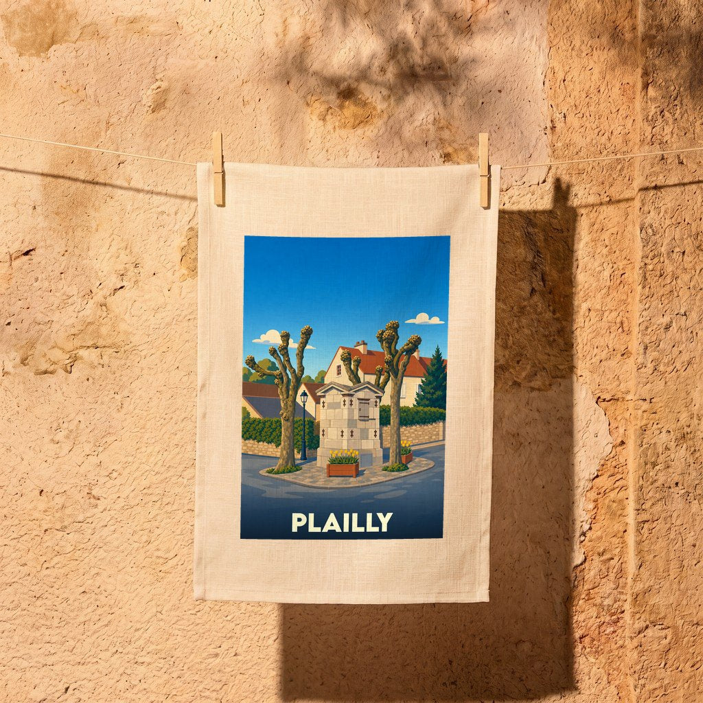 Torchon souvenir de la ville de Plailly avec une illustration stylisée d'un monument local entouré d'arbres.
