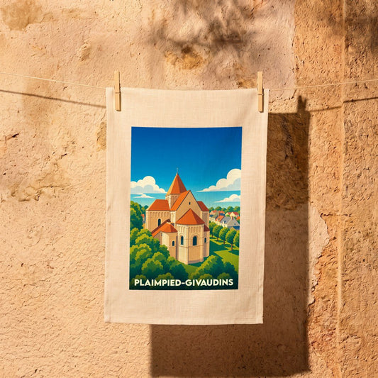 Torchon souvenir de la ville de Plaimpied-Givaudins avec une illustration stylisée de son église romane.