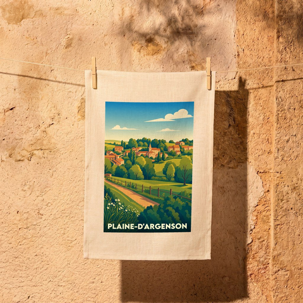 Torchon souvenir de la commune de Plaine-d'Argenson avec une illustration stylisée de son paysage rural.