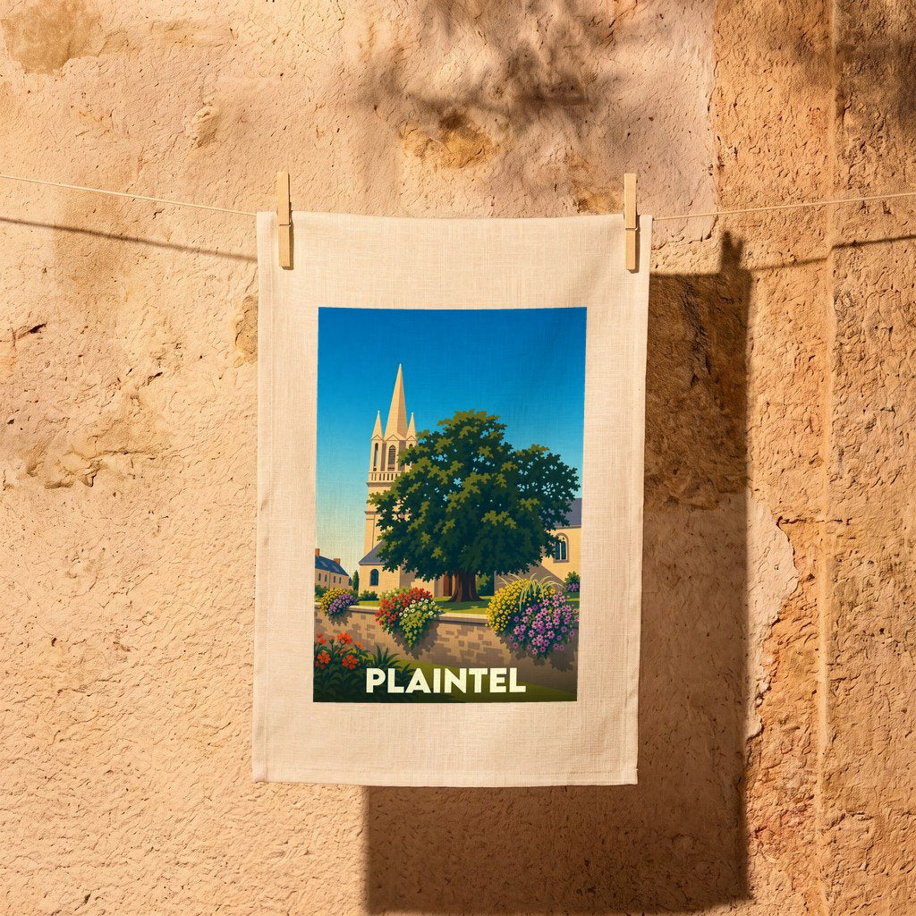 Torchon souvenir de la ville de Plaintel illustré d'une église et d'un grand arbre.