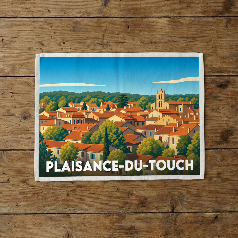 Torchon souvenir de la ville de Plaisance-du-Touch avec une illustration stylisée.