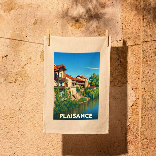Torchon souvenir de la ville de Plaisance avec une illustration stylisée.