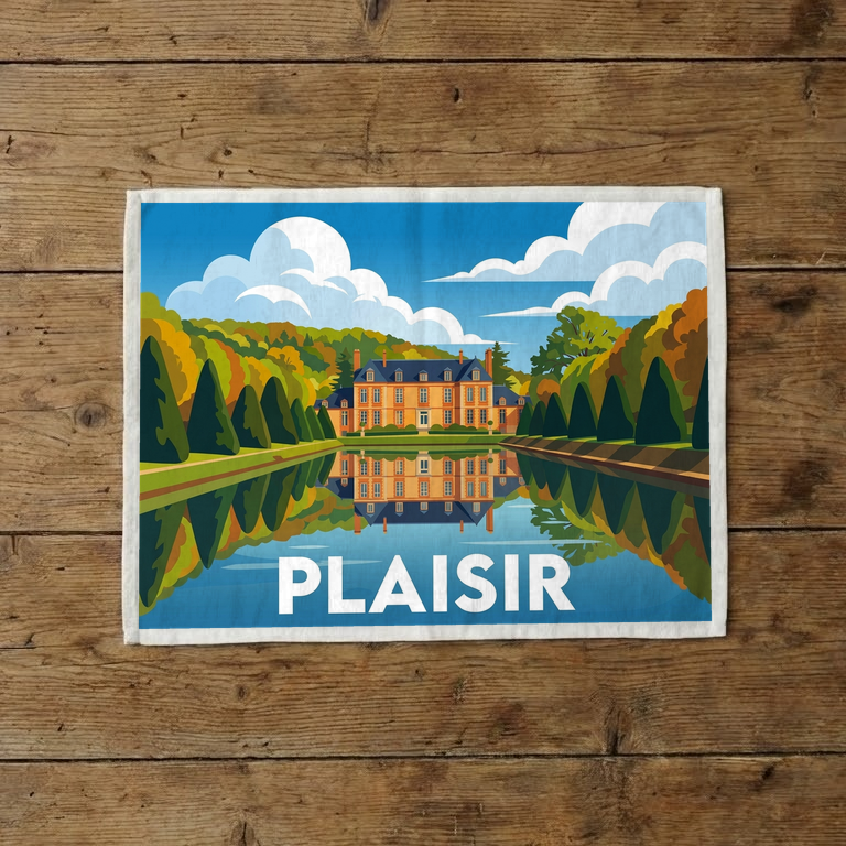 Torchon souvenir de la ville de Plaisir avec une illustration stylisée d'un château et de son reflet.