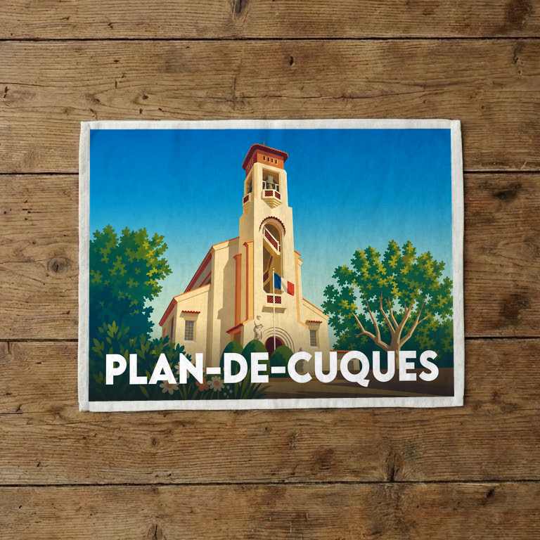 Torchon souvenir de la ville de Plan-de-Cuques avec une illustration stylisée de son église.