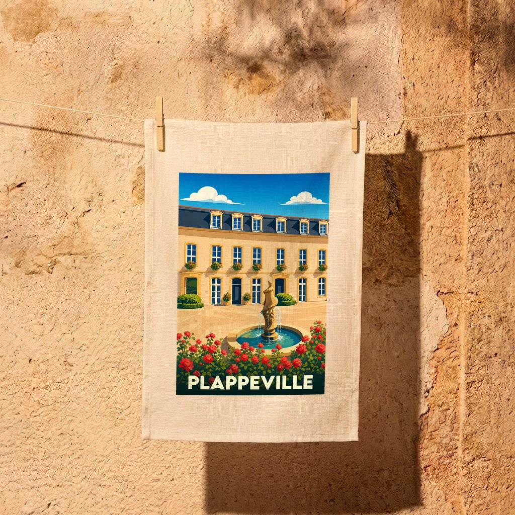Torchon souvenir de la ville de Plappeville avec une illustration stylisée d'une place ensoleillée et sa fontaine.