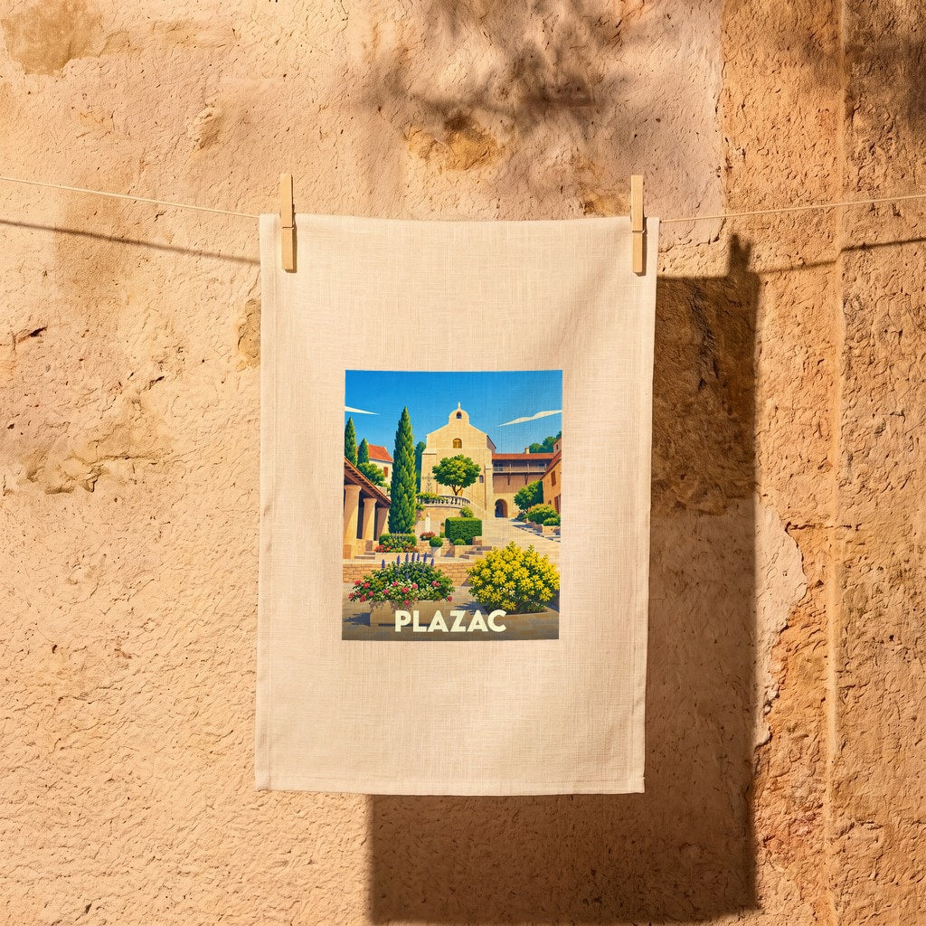 Torchon souvenir de la ville de Plazac avec une illustration stylisée.