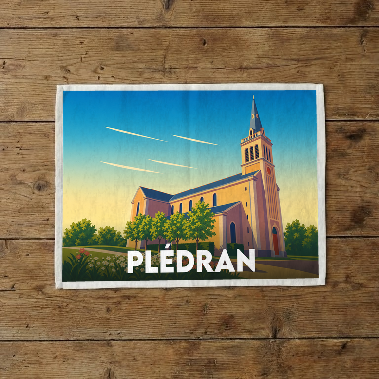 Torchon souvenir de la ville de Plédran illustré par une église stylisée sous un ciel azur.