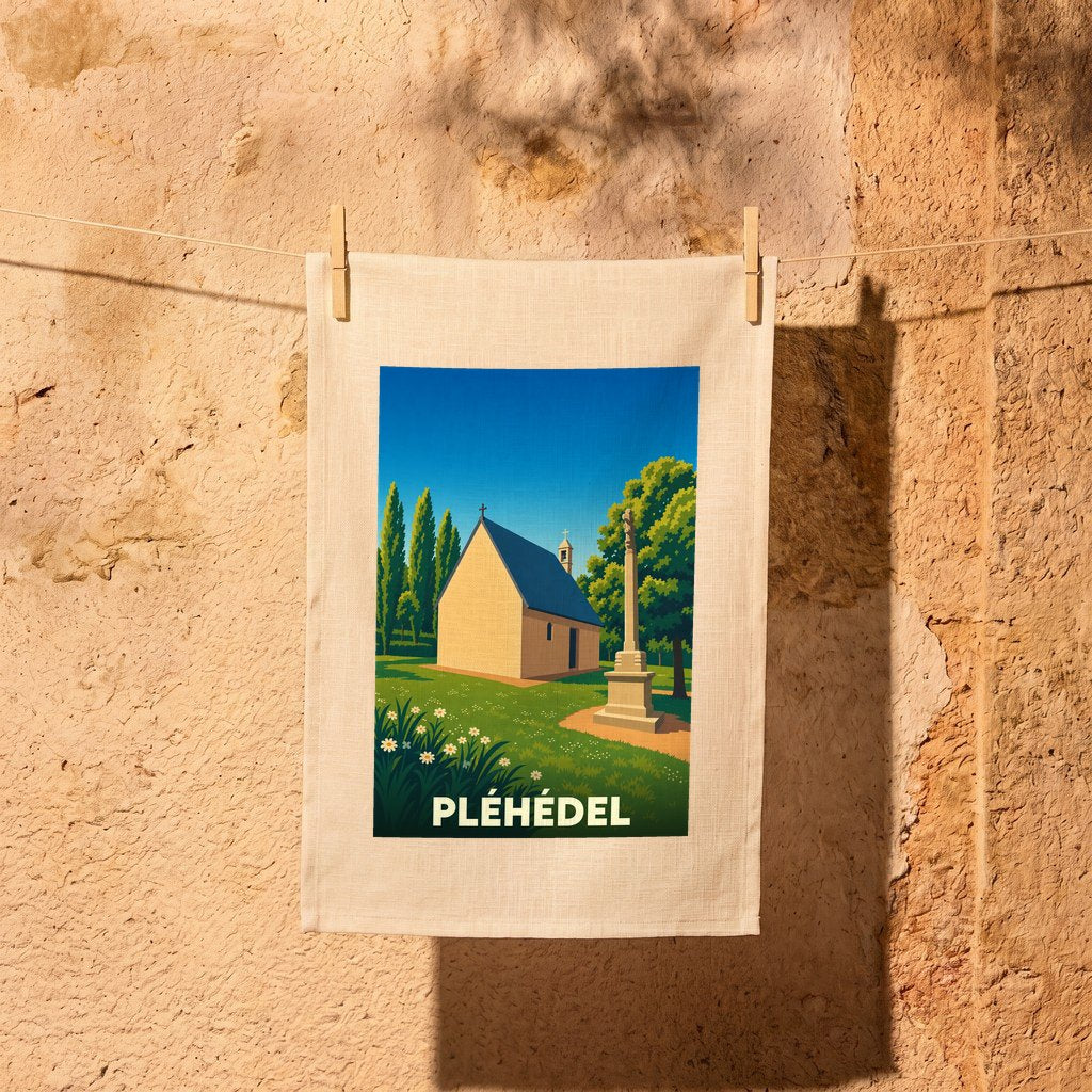 Torchon souvenir de Pléhédel présentant une illustration stylisée d'une petite chapelle bretonne.