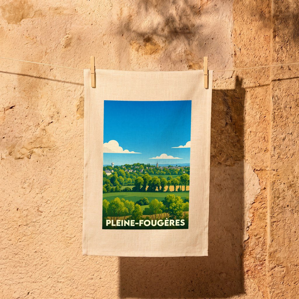 Torchon souvenir de la ville de Pleine-Fougères avec une illustration de paysage champêtre stylisé.