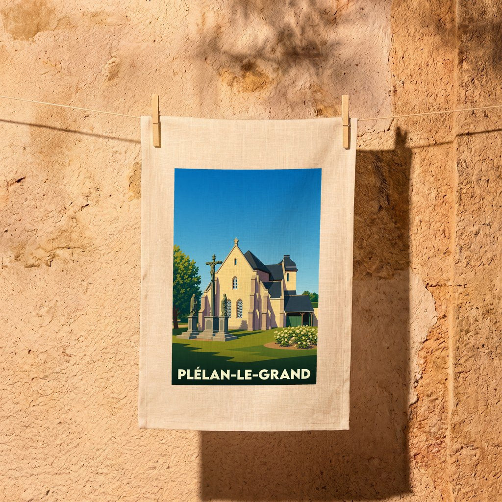 Torchon souvenir de la ville de Plélan-le-Grand avec une illustration stylisée de son église.
