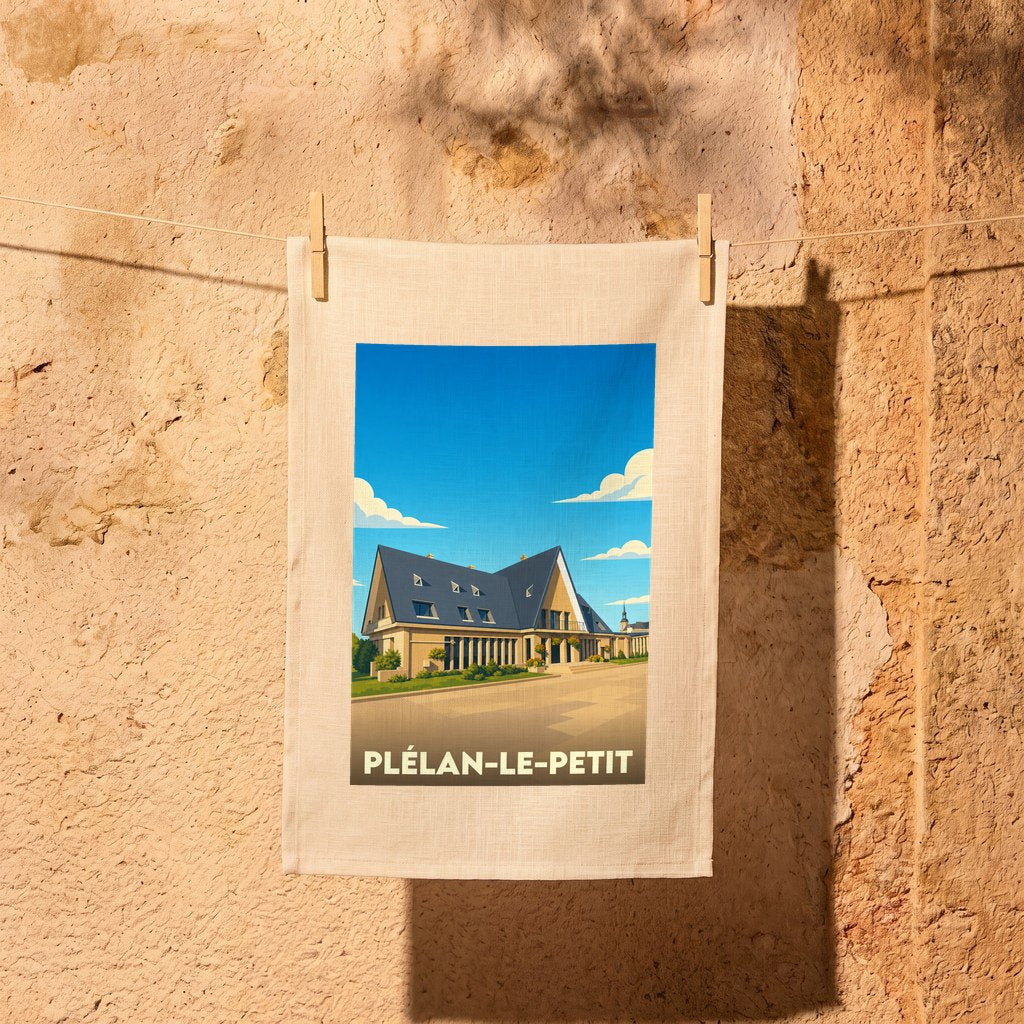 Torchon souvenir de Plélan-le-Petit avec une illustration stylisée d'un bâtiment emblématique de la ville.