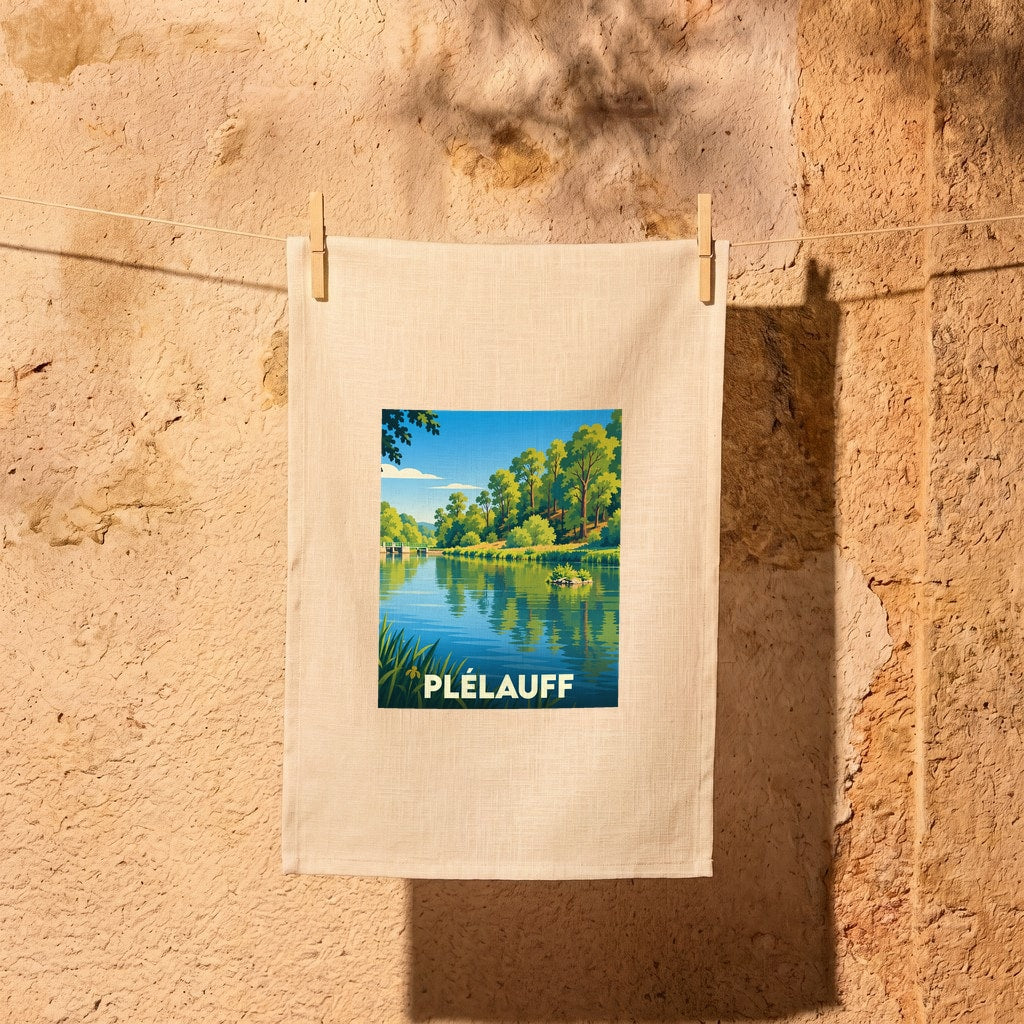 Torchon souvenir de la ville de Plélauff avec une illustration stylisée d'un paysage de bord de rivière.