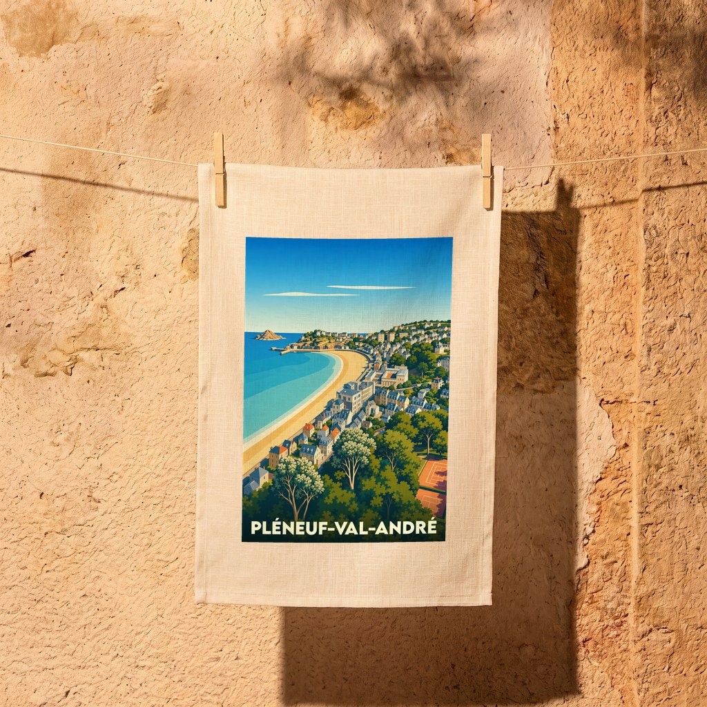 Torchon souvenir de Pléneuf-Val-André avec une illustration stylisée de sa plage et de sa côte.