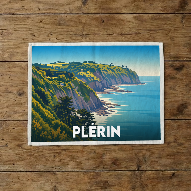 Torchon souvenir de la ville de Plérin avec une illustration stylisée de falaises côtières.