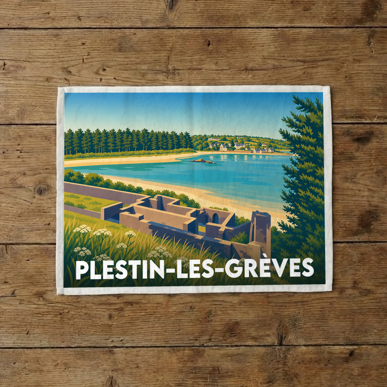 Torchon souvenir de la ville de Plestin-les-Grèves avec une illustration stylisée d'un paysage côtier.