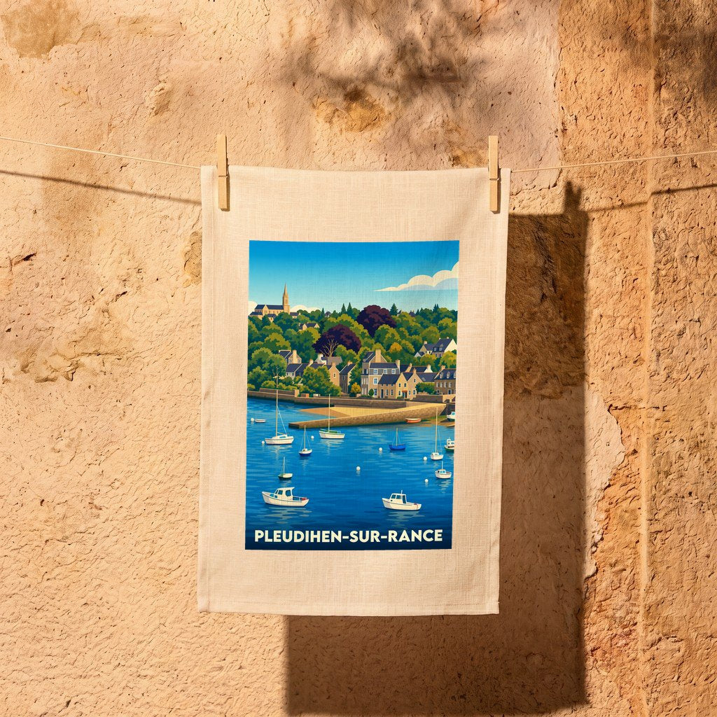 Torchon souvenir de la ville de Pleudihen-sur-Rance avec une illustration stylisée de son port et de son église.