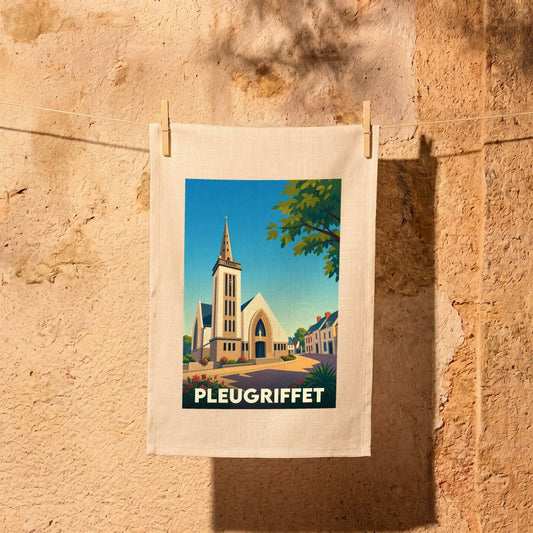 Torchon souvenir de la ville de Pleugriffet avec une illustration stylisée de son église.