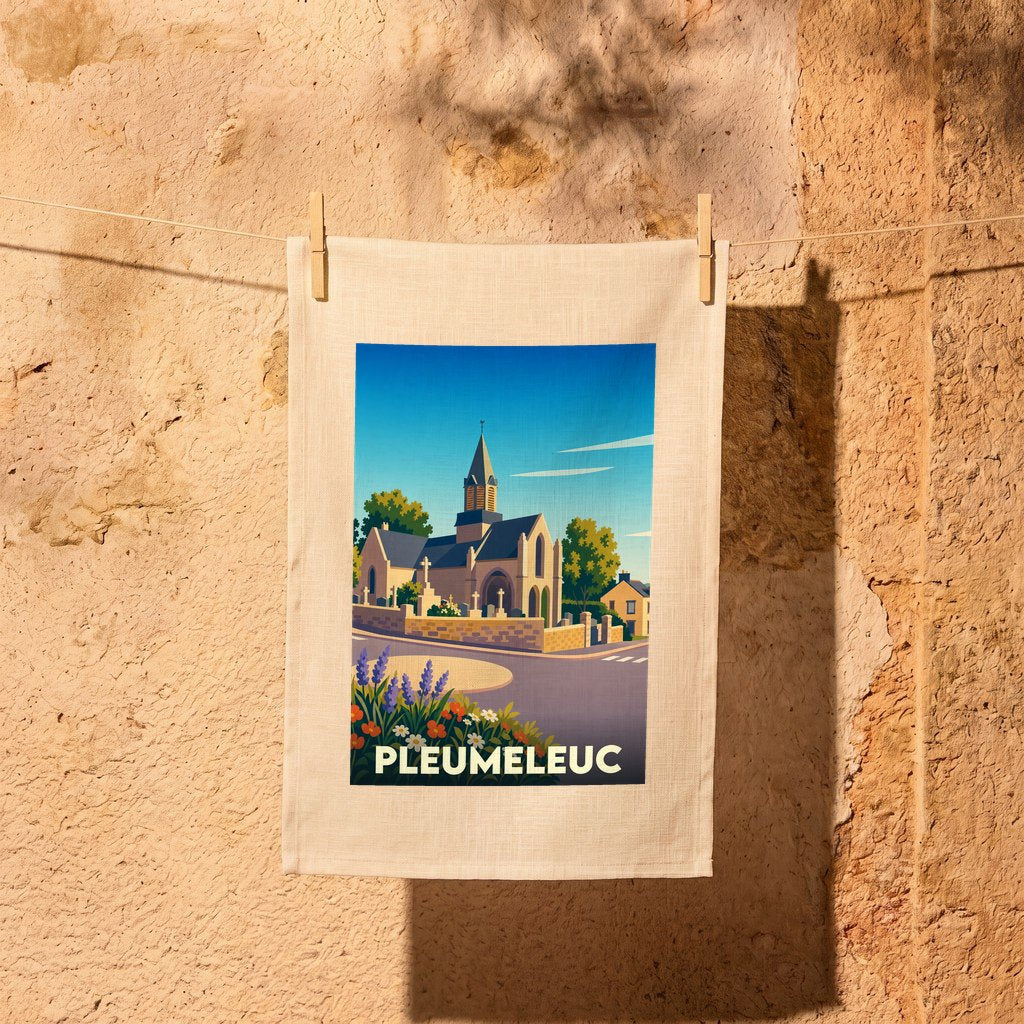 Torchon souvenir de la ville de Pleumeleuc orné d'une illustration stylisée de son église et de fleurs.