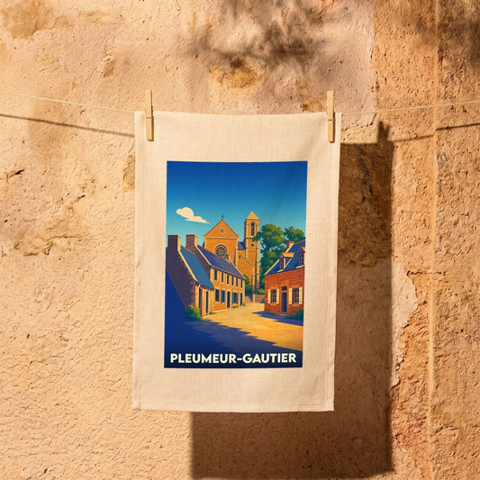 Torchon souvenir de la ville de Pleumeur-Gautier avec une illustration stylisée.