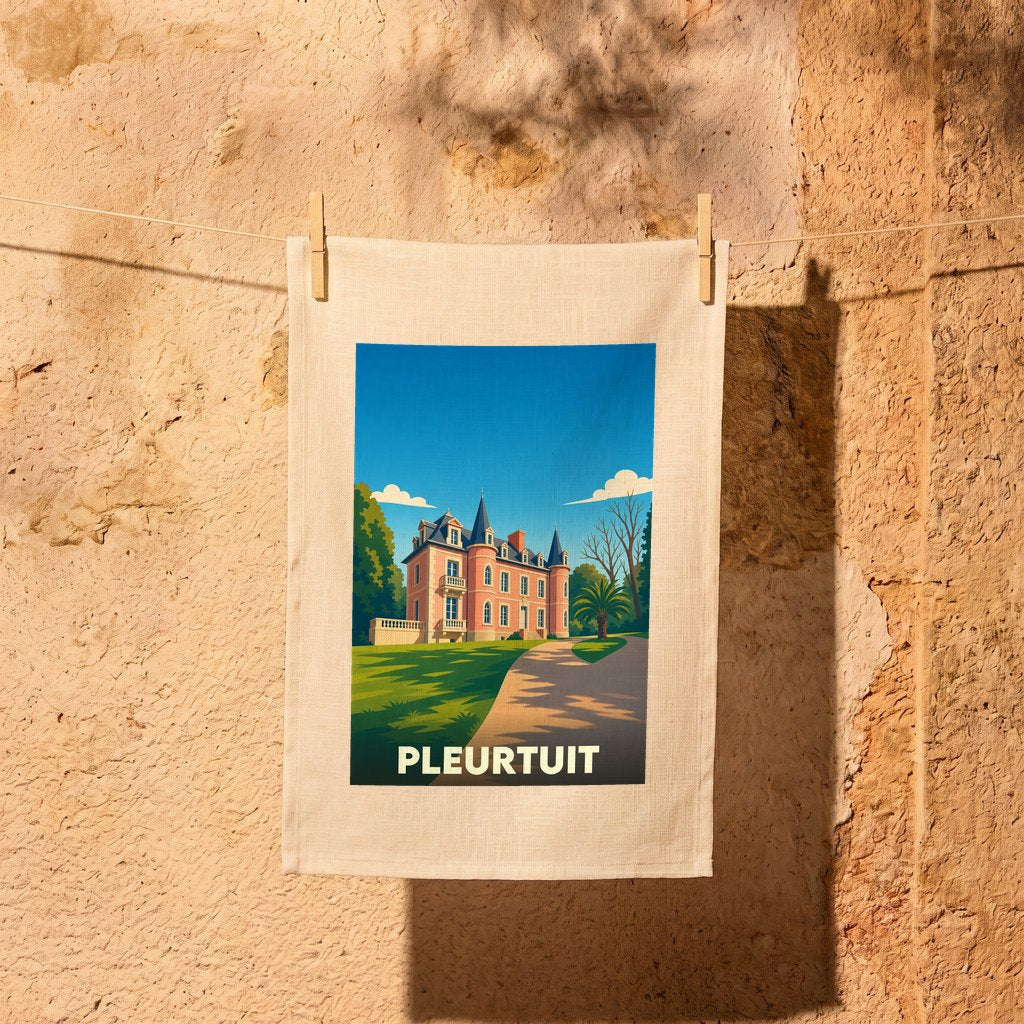 Torchon souvenir de la ville de Pleurtuit avec une illustration stylisée d'un château.