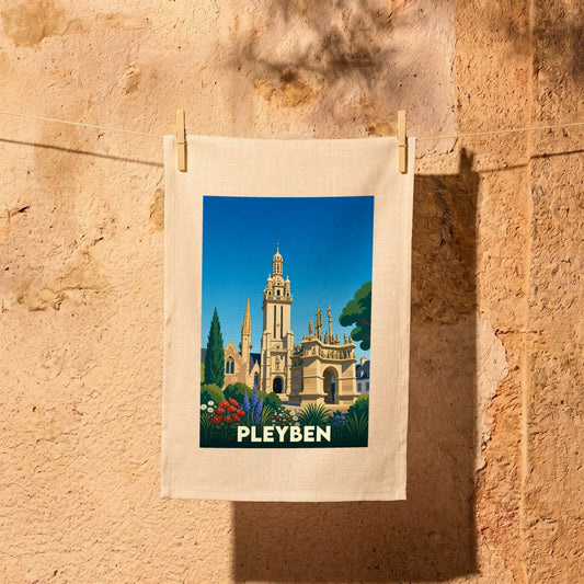 Torchon souvenir de la ville de Pleyben illustrant son enclos paroissial dans un style vintage.