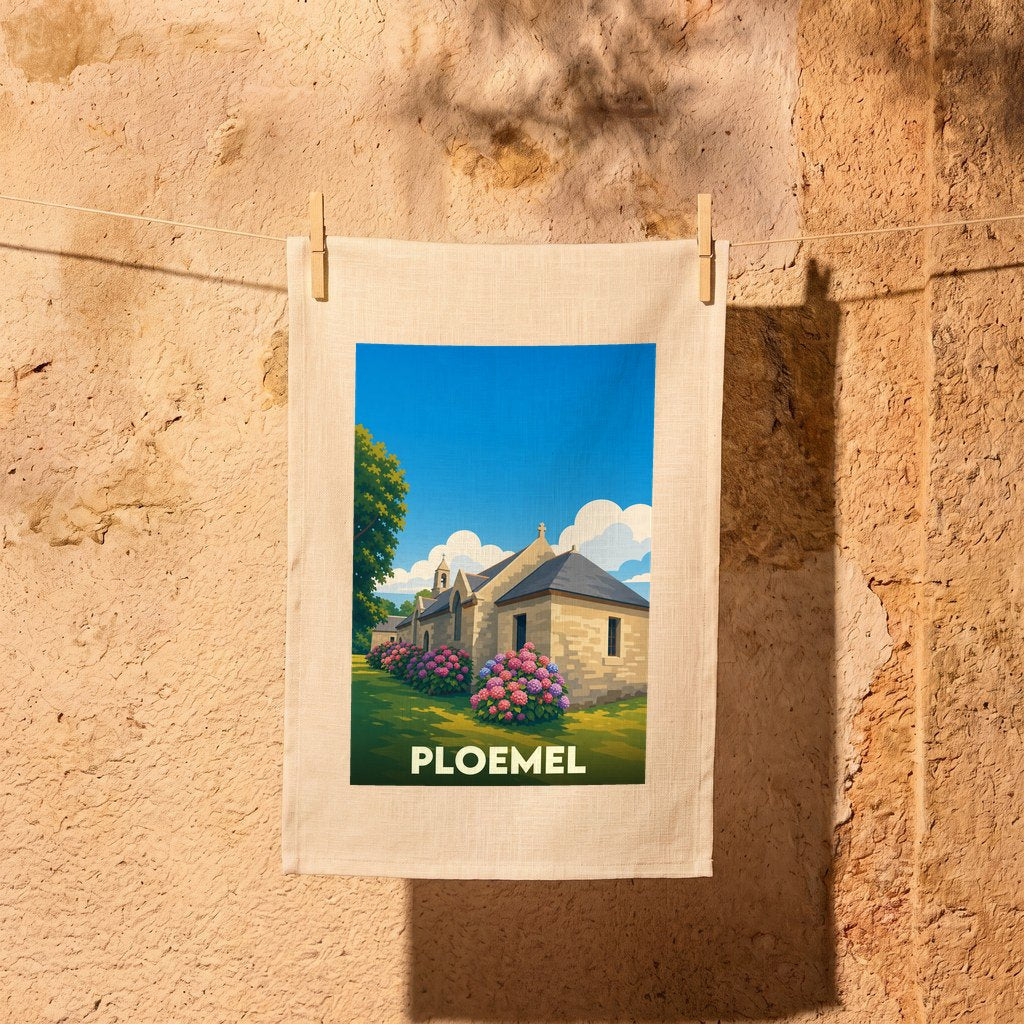 Torchon souvenir de la ville de Ploemel avec une illustration stylisée d'une église bretonne et d'hortensias.