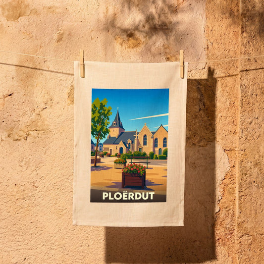 Torchon souvenir de la ville de Ploërdut avec une illustration stylisée de son église et de sa place fleurie.