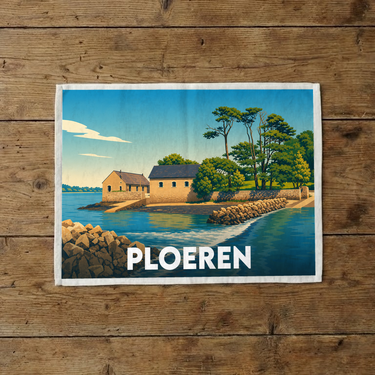 Torchon souvenir de la ville de Ploeren avec une illustration stylisée d'un paysage côtier.