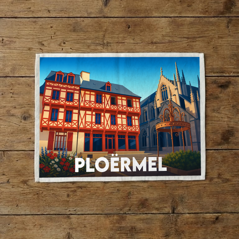 Torchon souvenir de la ville de Ploërmel avec une illustration stylisée de maisons à colombages et de l'église Saint-Armel.